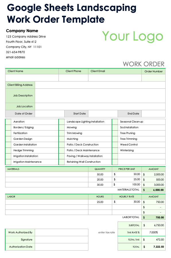 Google Sheets Landscaping Work Order Template