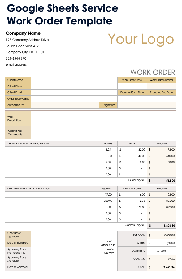 Google Sheets Service Work Order Template