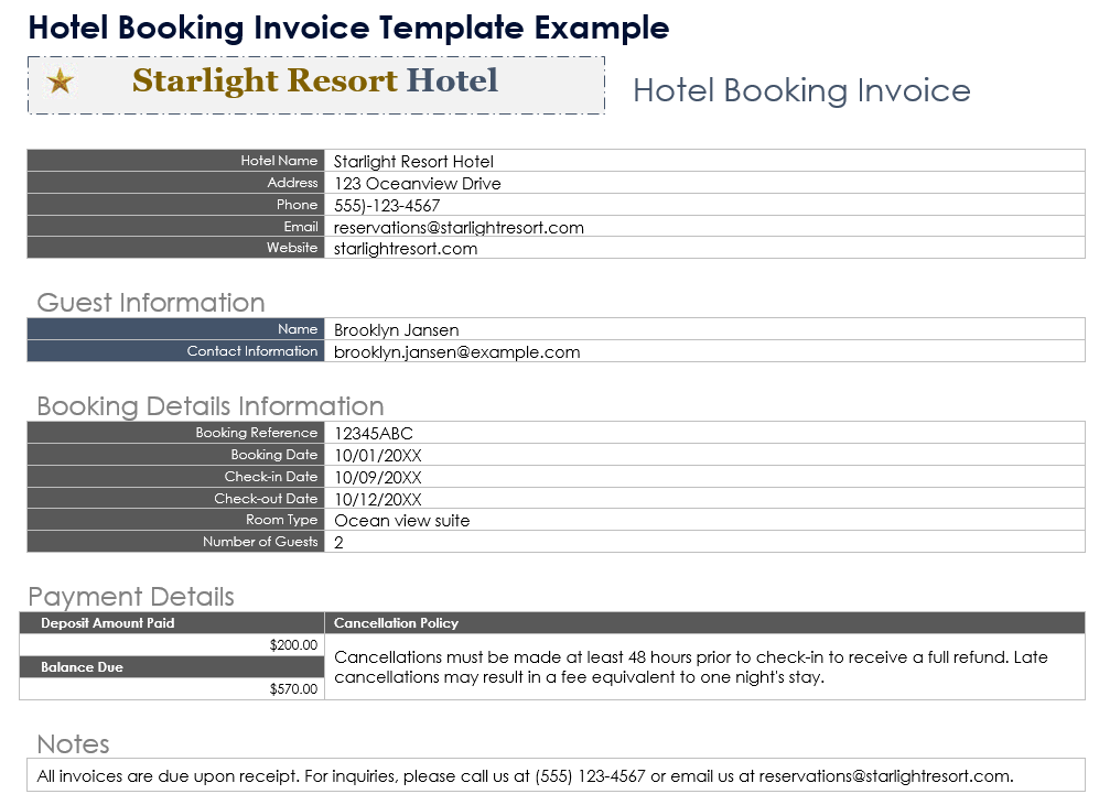 Hotel Booking Invoice Template Example