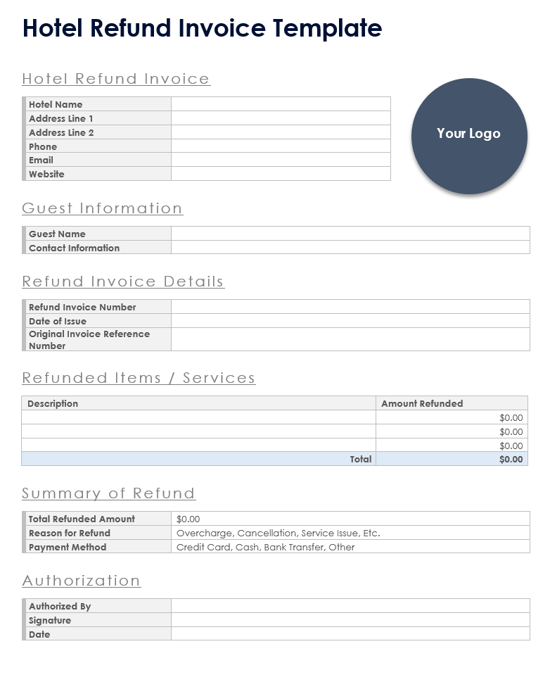 Hotel Refund Invoice Template