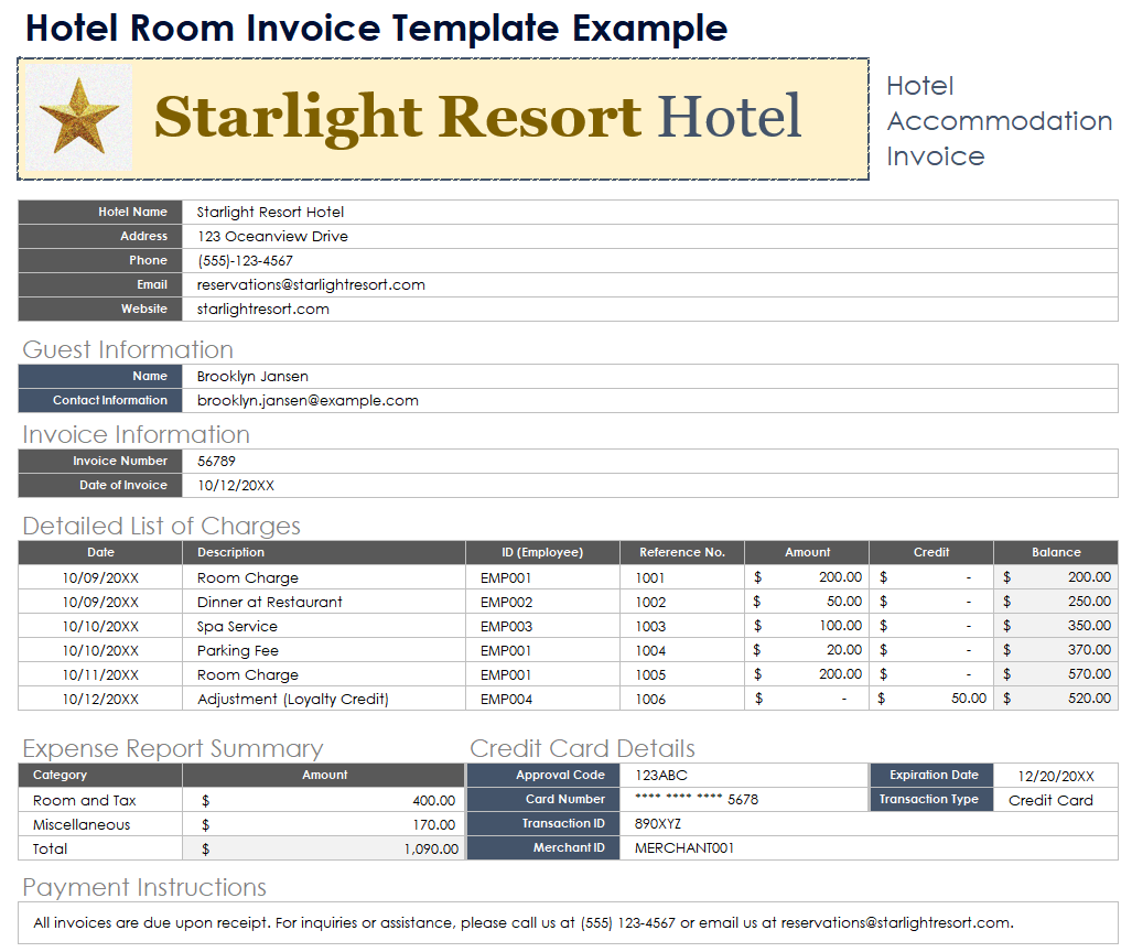 Hotel Room Invoice Template Example