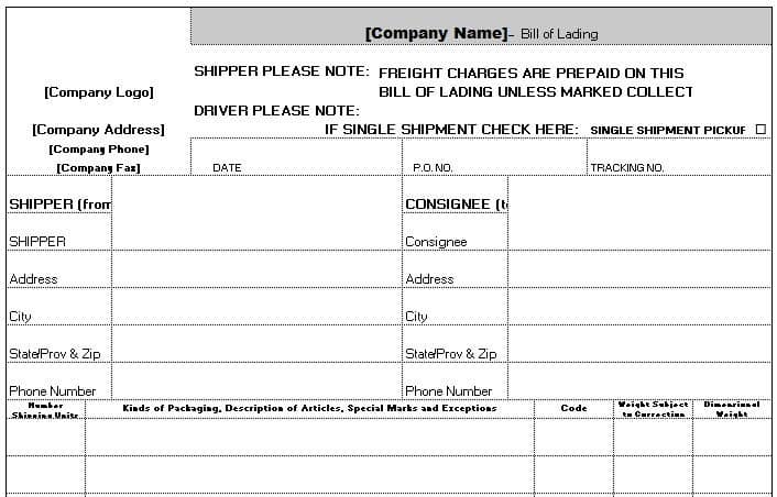 Bill of Lading Template