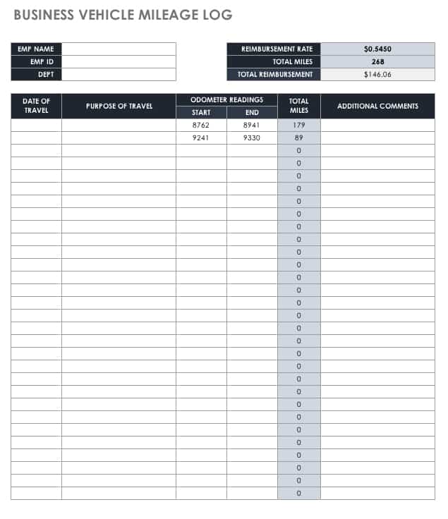 Business Vehicle Mileage Log Template