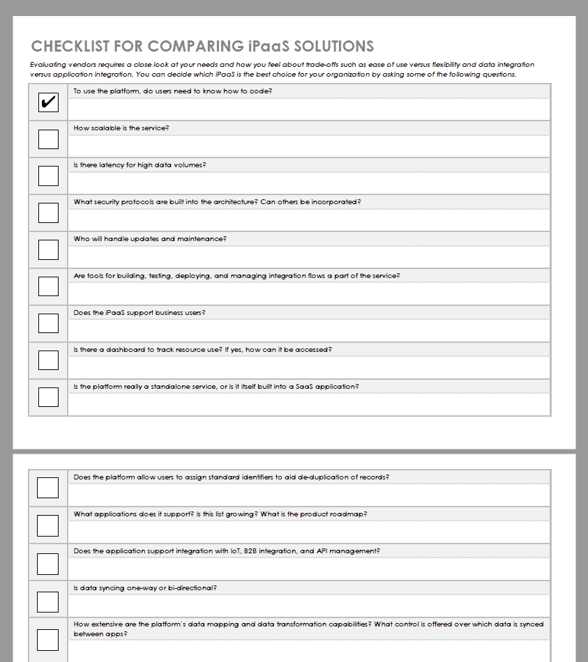 Checklist for Comparing iPaaS  Solutions Template