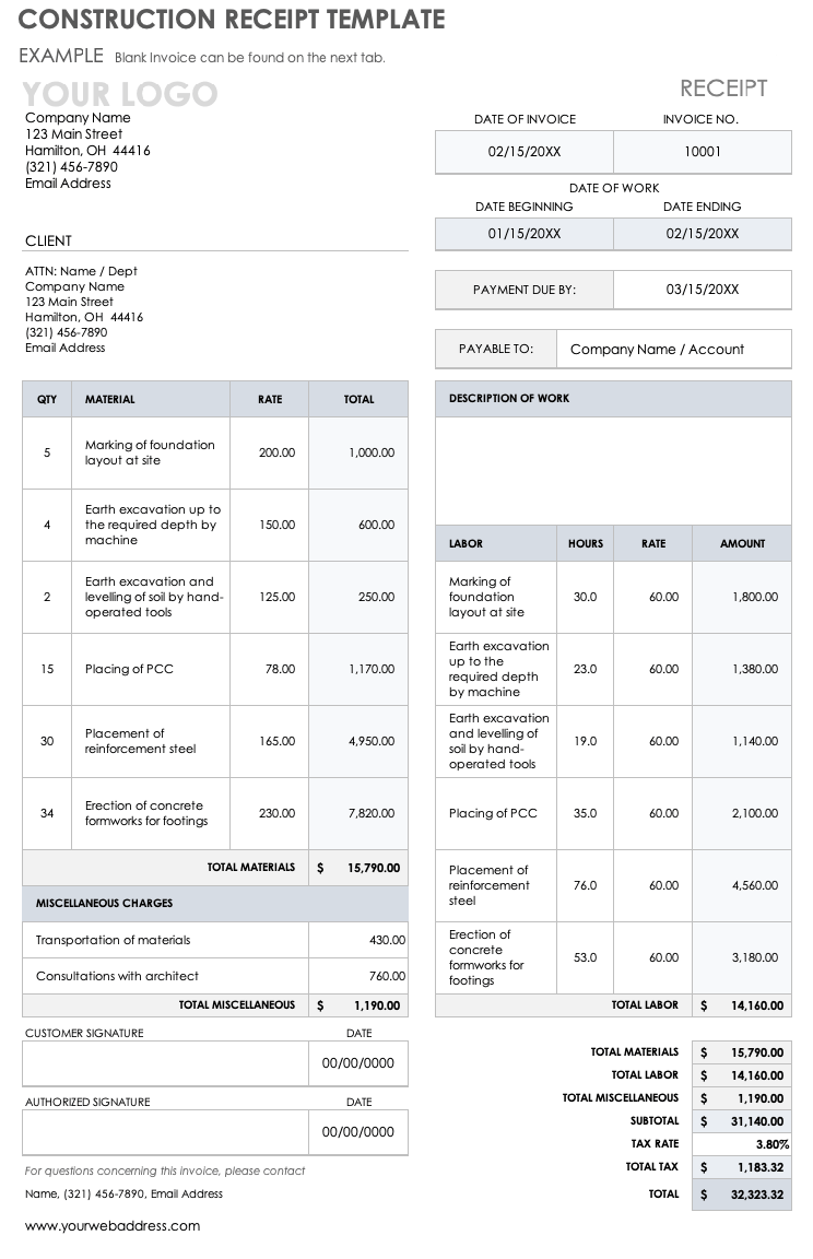 Construction Receipt Template