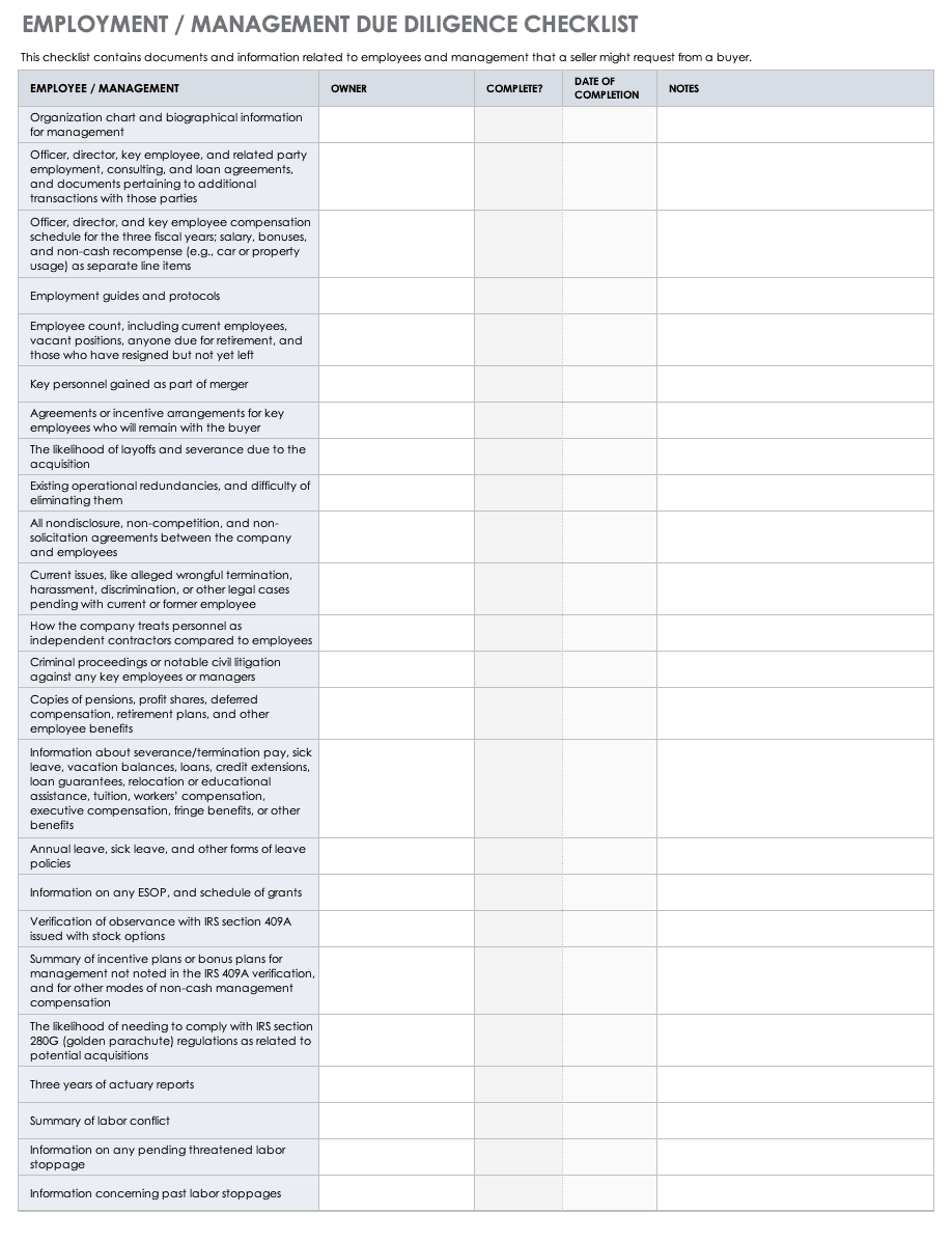 Employment/Management Due Diligence Checklist