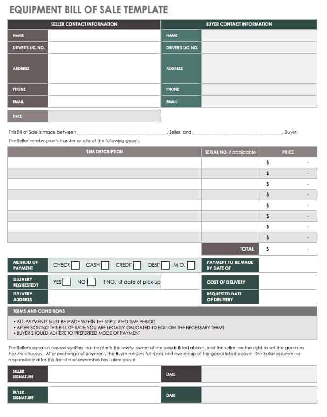 Equipment Bill of Sale Template