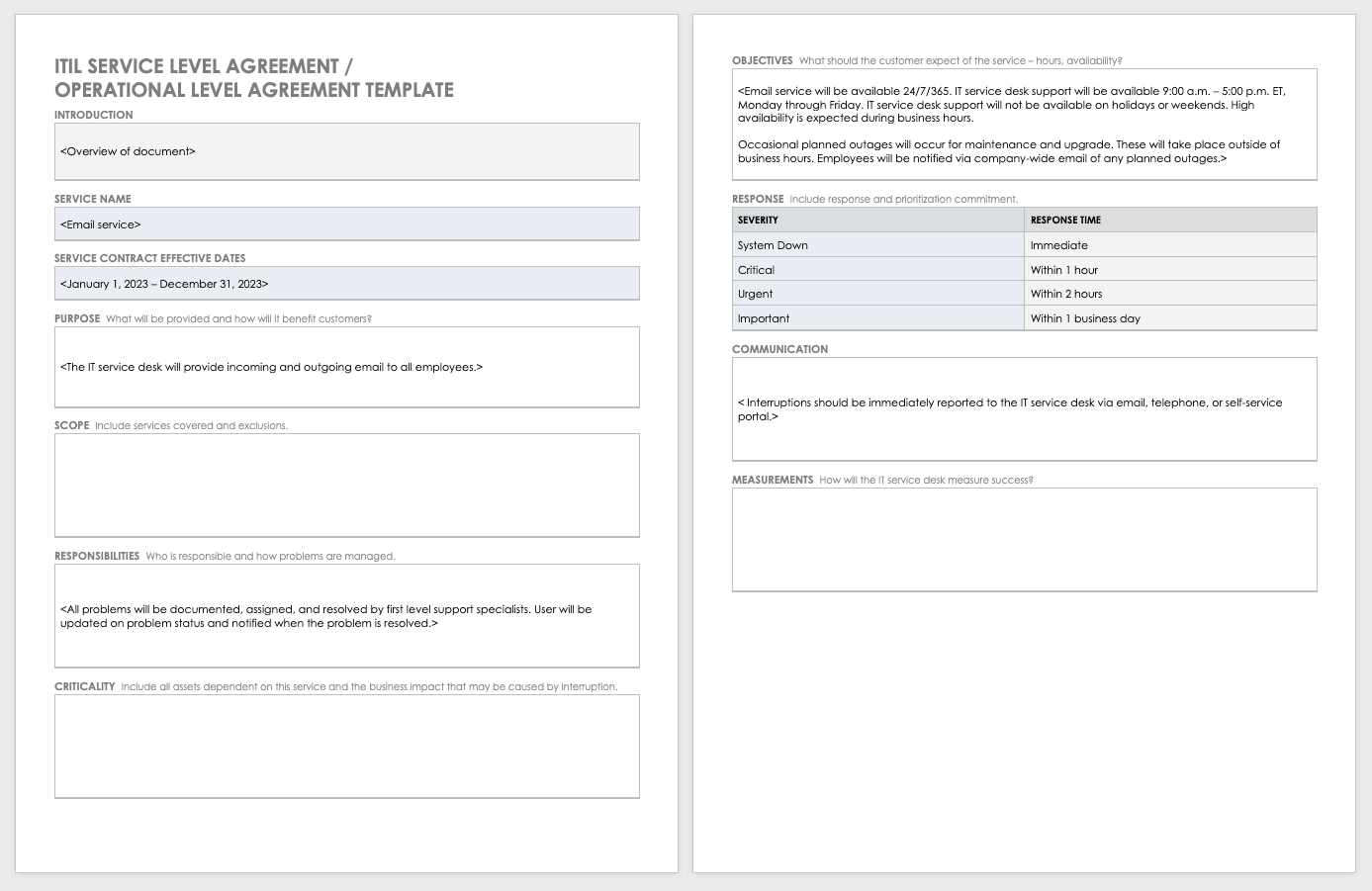 ITIL SLA OLA Service Level Agreement Operational Level Agreement Template