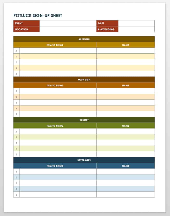 Potluck Sign-up Sheet Template