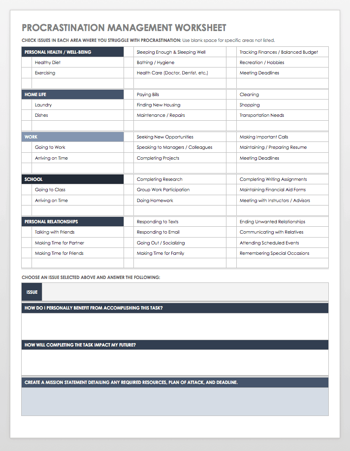 Procrastination Management Worksheet Template