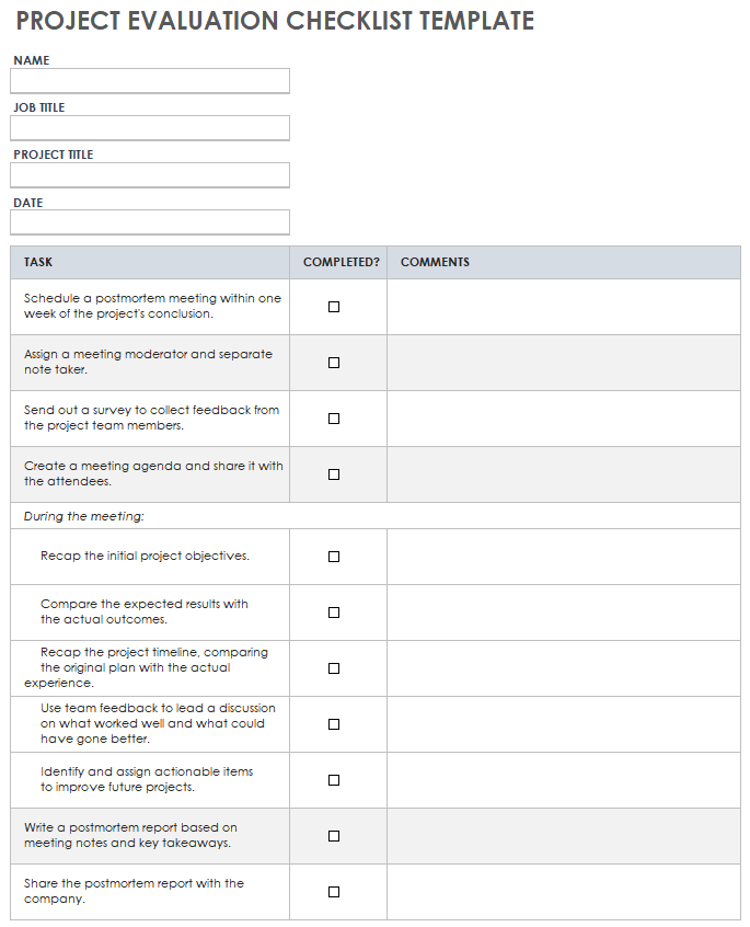 Project Evaluation Checklist Template