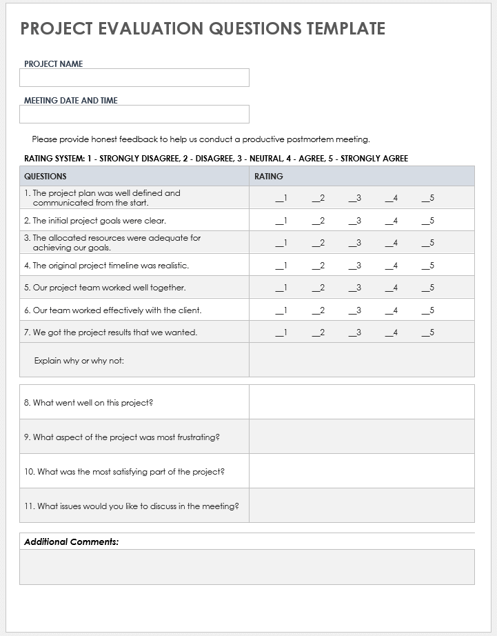 Project Evaluation Questions Template