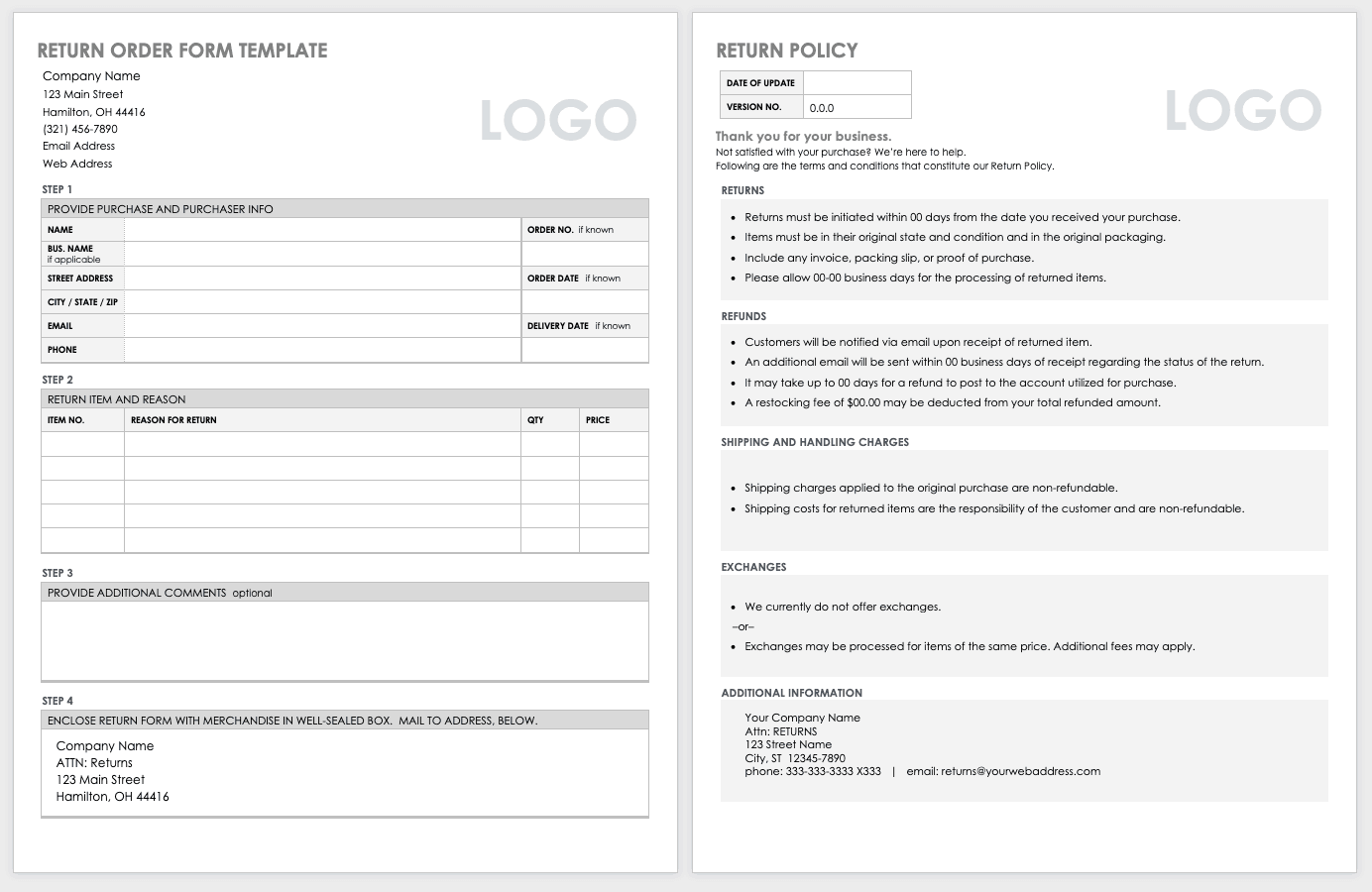 Return Oder Form Template