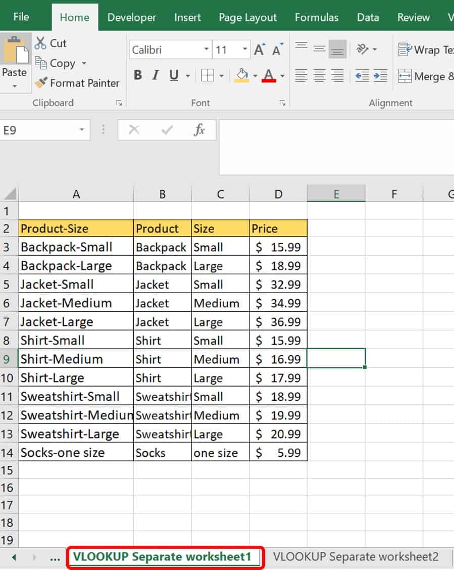 VLOOKUP worksheet example